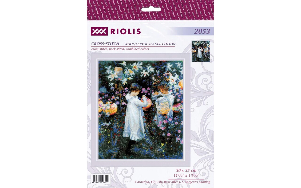 Riolis Cross Stitch Kit Carnation, Lily, Rose, 11 3/4&#x22; x 13 3/4&#x22; (30 x 35 cm), stranded cotton, cross-stitch, half cross-stitch, back stitch and combined colors, included all supplies